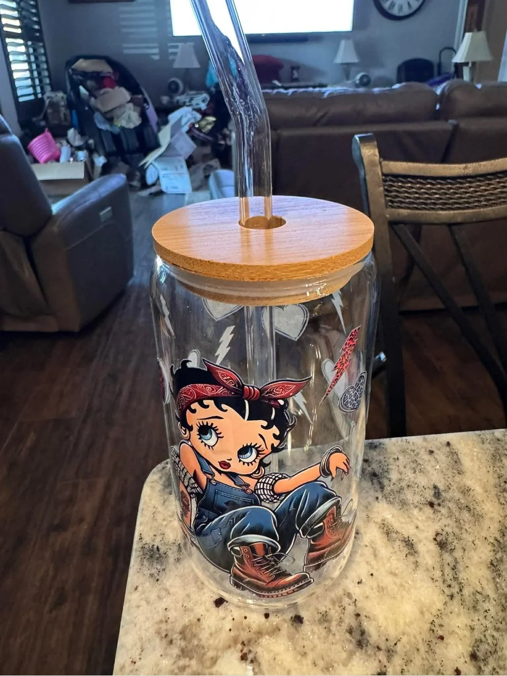 Betty Boop Glass Tumbler with Bamboo Lid and Straw - Multi